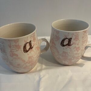 Anthropologie Homegrown Pink And white floral coffee mugs with letter A
